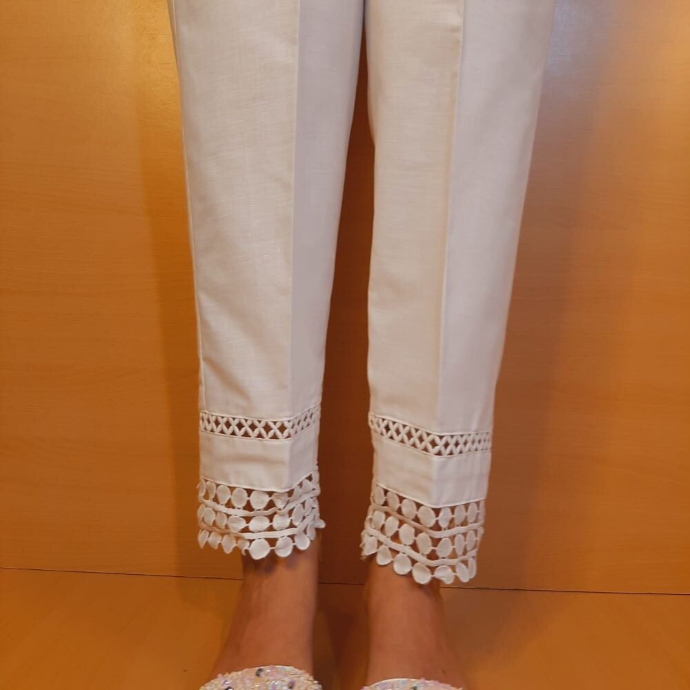 Laces Embellised Trouser - Cotton - White - ZT484