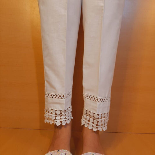 Laces Embellised Trouser - Cotton - White - ZT484