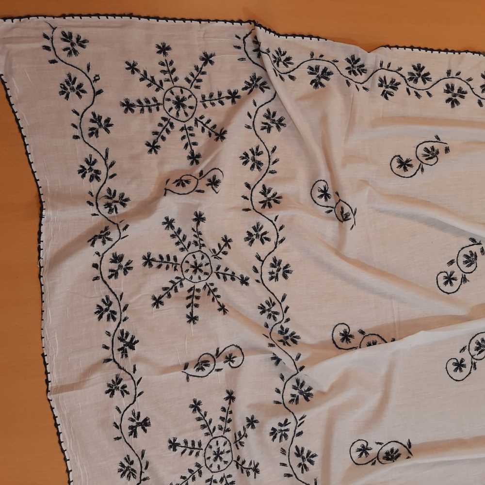 Hand Embroided Lawn Dupatta With 4 Sided Piko - White - ZD0A21