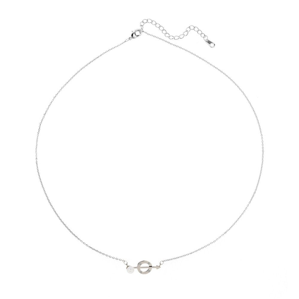 AGN0045 - Silver Crystal Pearl Circle & Arrow Necklace