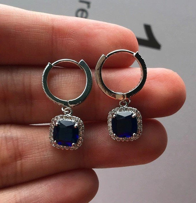 AAA Zircon - Drop Earring - Silver With Navy Stone - AE151
