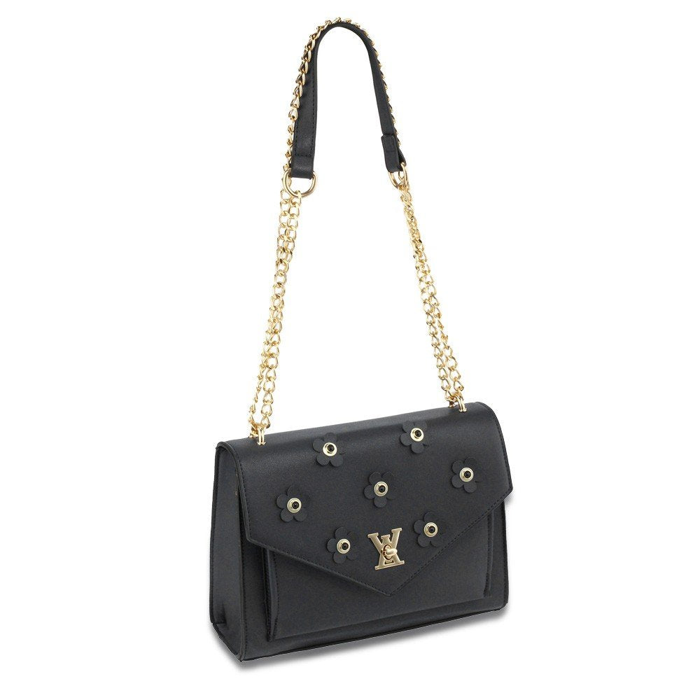 AG00626 - Black Flap Twist Lock Cross Body Bag