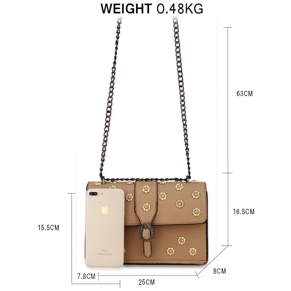 AG00630 - Nude Flap Crystal Cross Body Bag With Black Metal Work