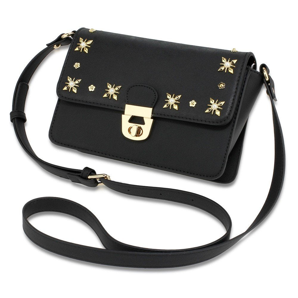 AG00718 - Black Flap Twist Lock Cross Body Bag