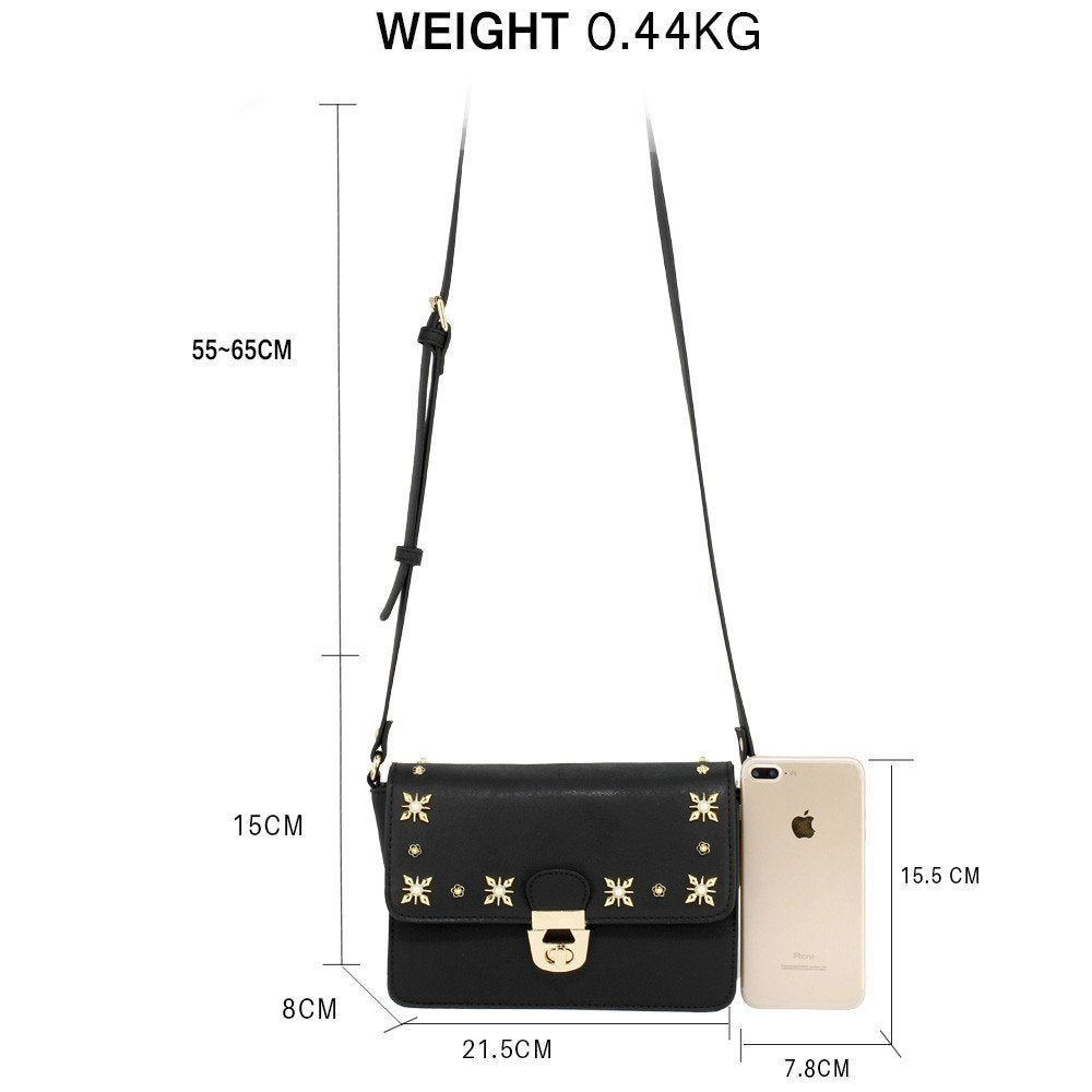 AG00718 - Black Flap Twist Lock Cross Body Bag