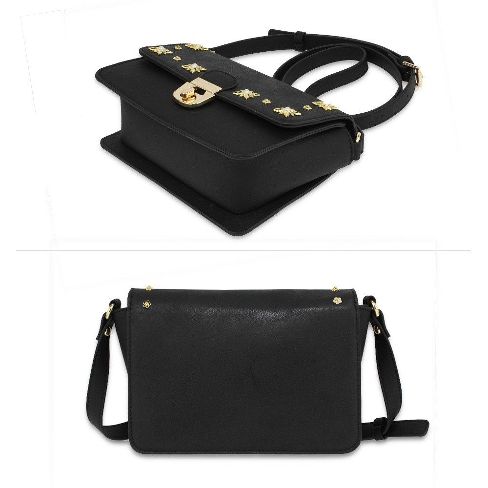 AG00718 - Black Flap Twist Lock Cross Body Bag