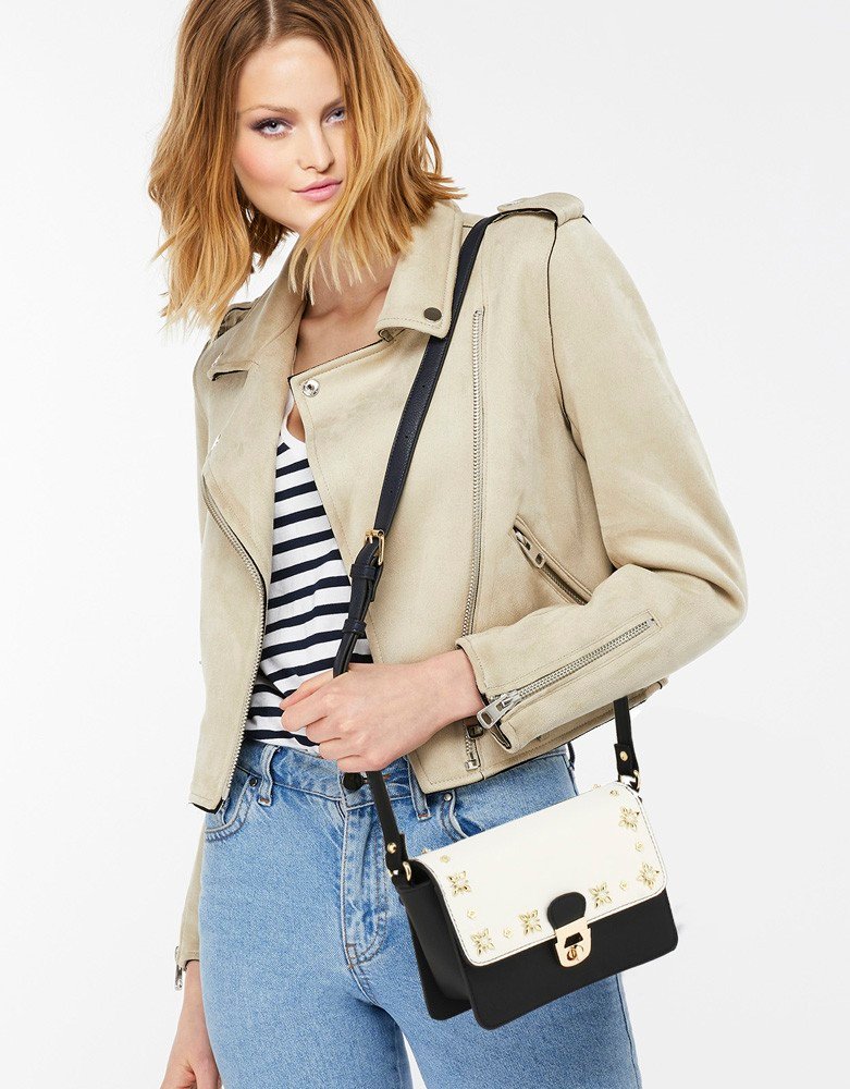 AG00718 - White/Black Flap Twist Lock Cross Body Bag