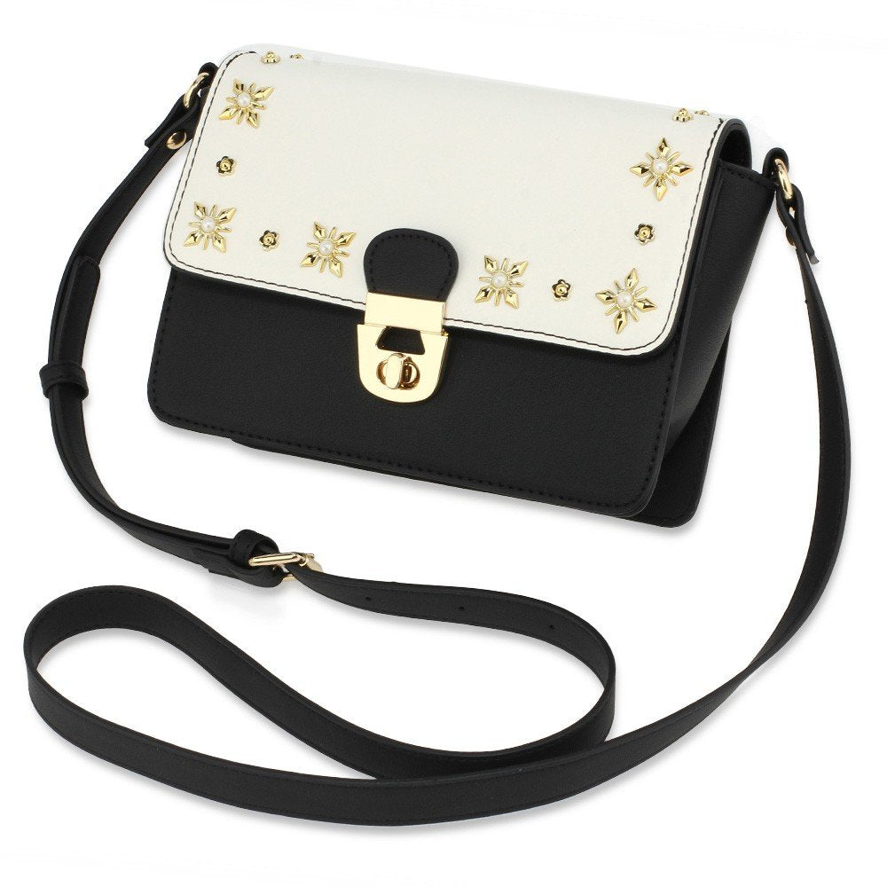 AG00718 - White/Black Flap Twist Lock Cross Body Bag