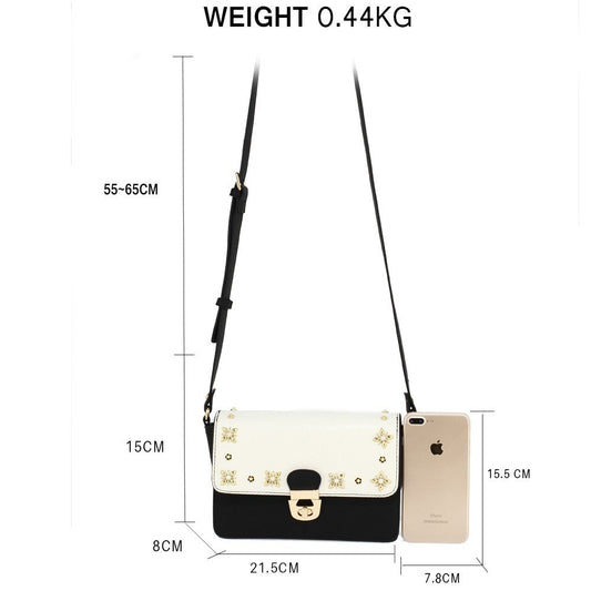 AG00718 - White/Black Flap Twist Lock Cross Body Bag