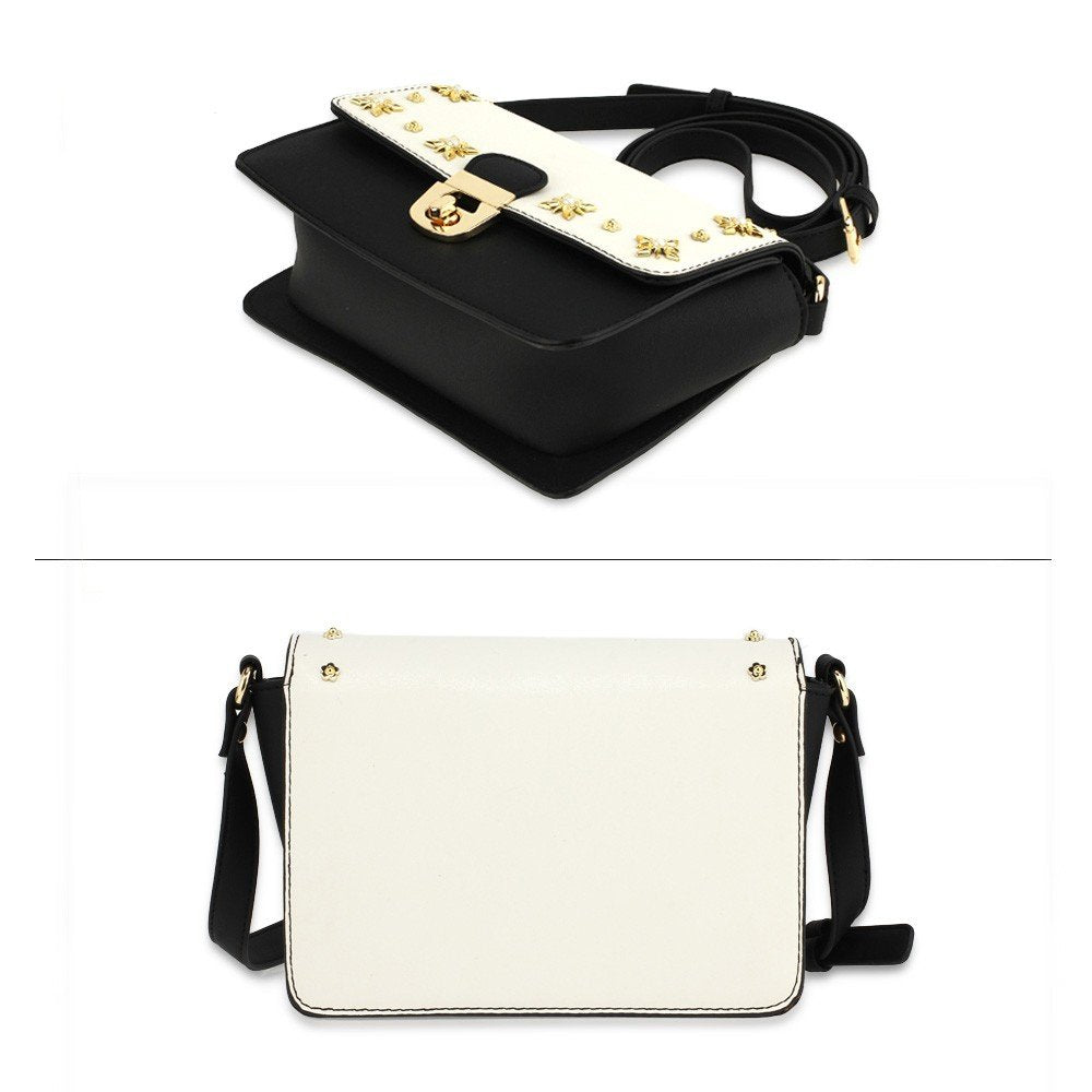 AG00718 - White/Black Flap Twist Lock Cross Body Bag