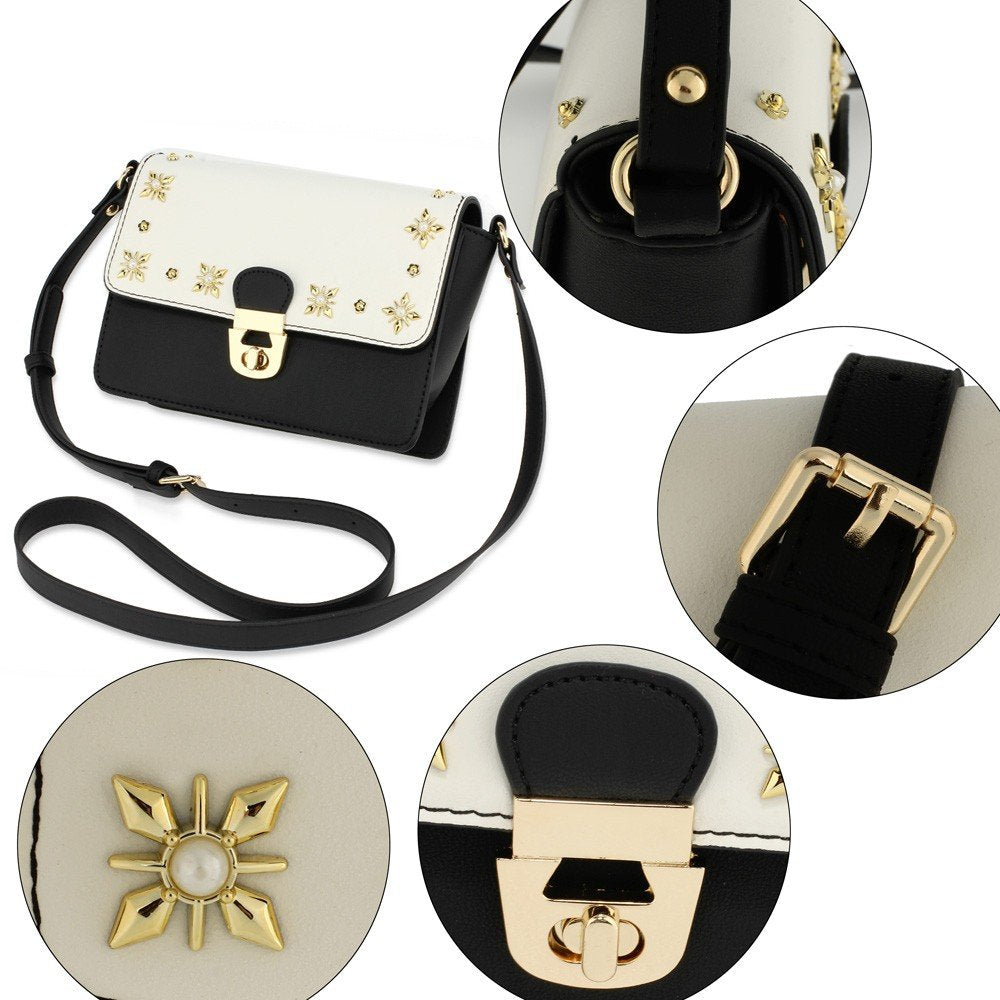 AG00718 - White/Black Flap Twist Lock Cross Body Bag