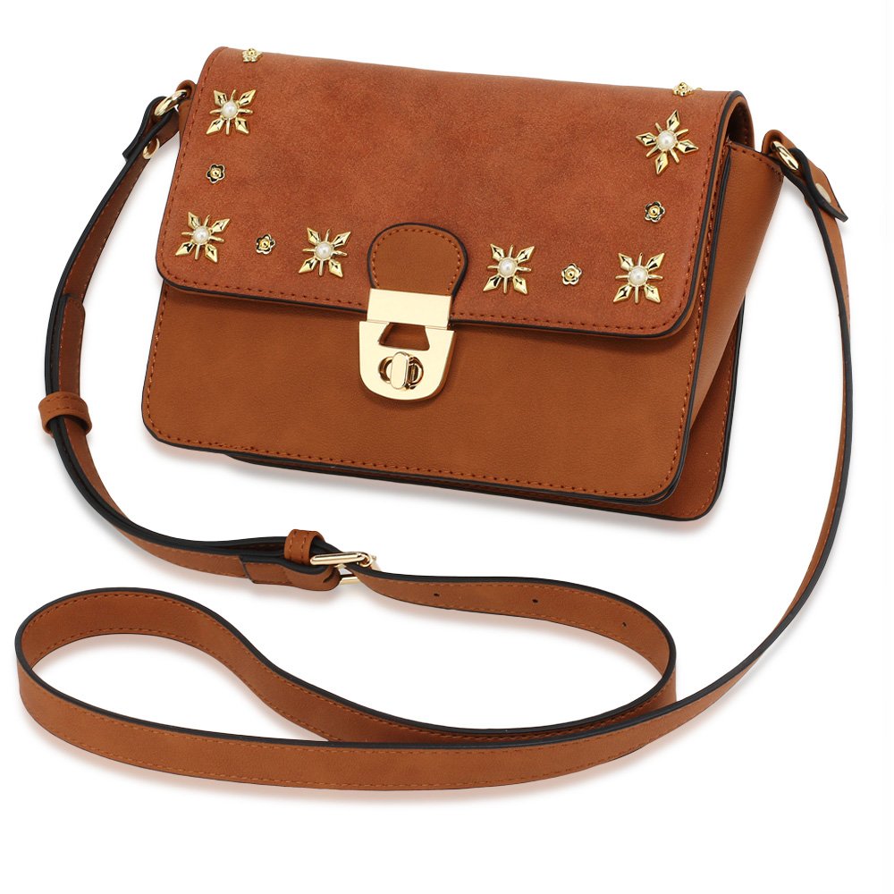 AG00718 - Tan Flap Twist Lock Cross Body Bag