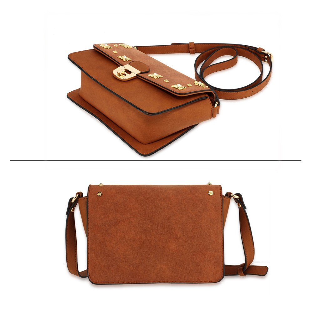 AG00718 - Tan Flap Twist Lock Cross Body Bag