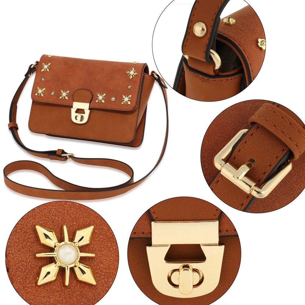 AG00718 - Tan Flap Twist Lock Cross Body Bag