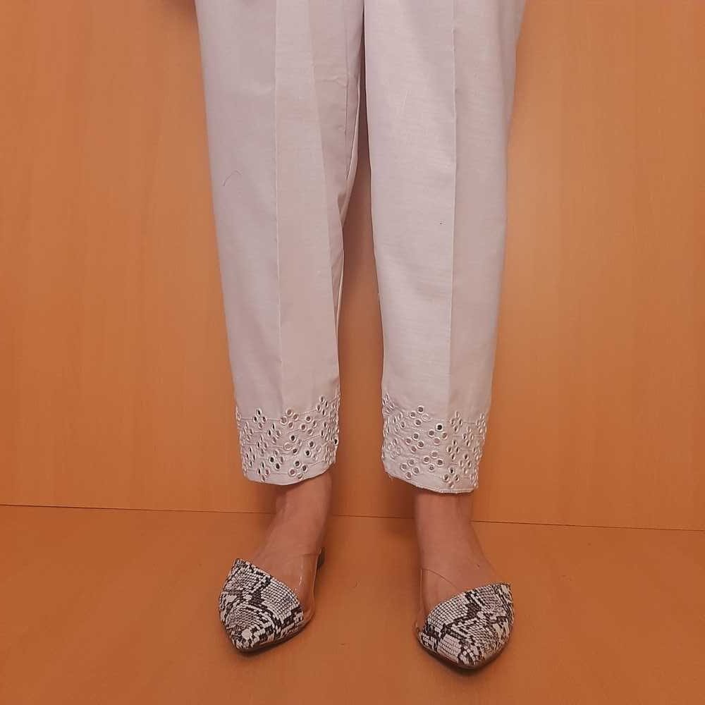 Artificial Mirror Work Embroided Cotton Trouser - White - ZT354