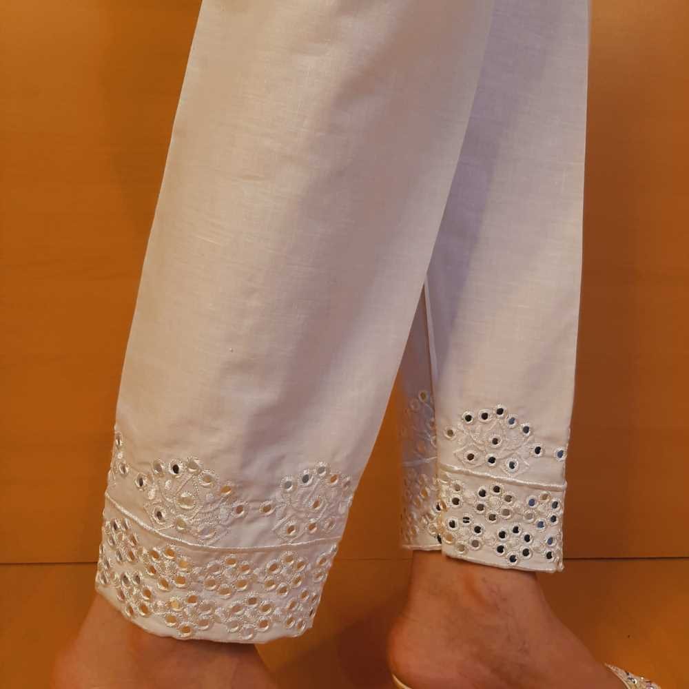 Artificial Mirror Work Embroided Cotton Trouser - White - ZT495