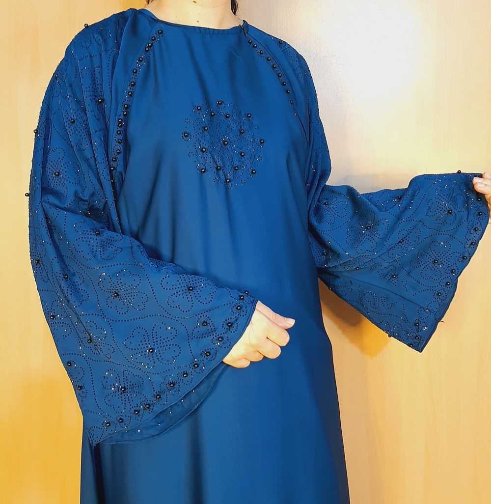 Beaded Nidah Fabric Abaya - Blue - BGA172