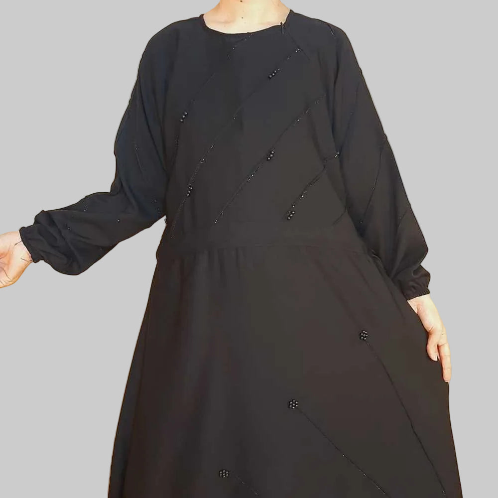 Beaded Nidah Fancy Abaya - Black - ZA152