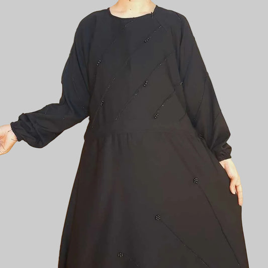Beaded Nidah Fancy Abaya - Black - ZA152