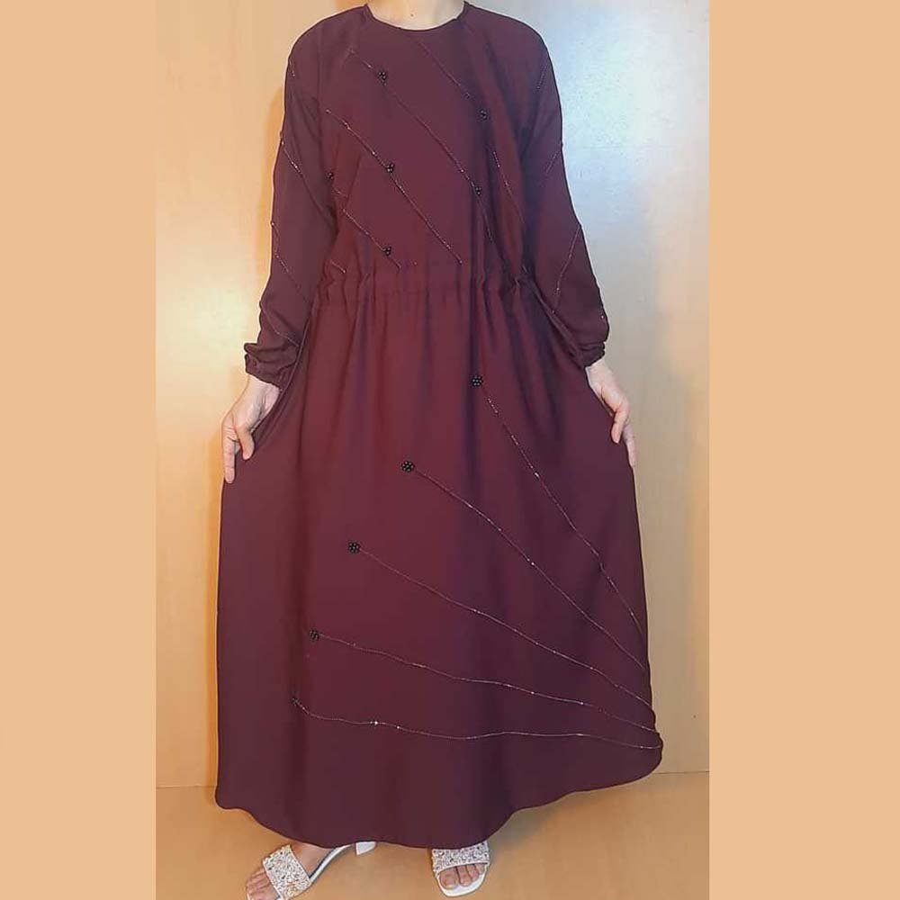 Beaded Nidah Fancy Abaya - Maroon - ZA152