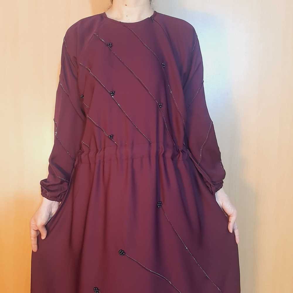 Beaded Nidah Fancy Abaya - Maroon - ZA152