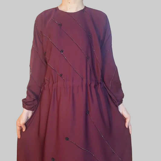 Beaded Nidah Fancy Abaya - Maroon - ZA152