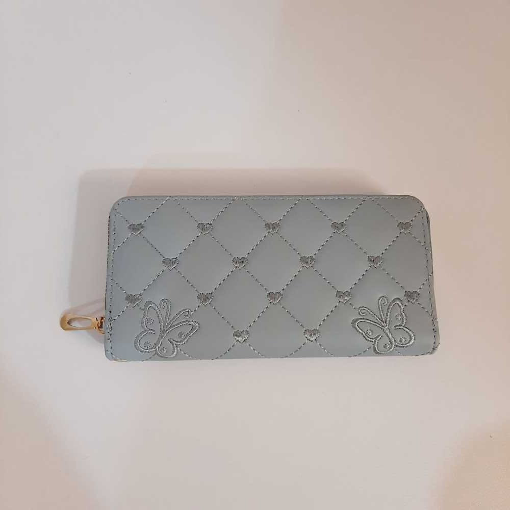 Butterfly Embroided Leather Wallet - Blue - W06