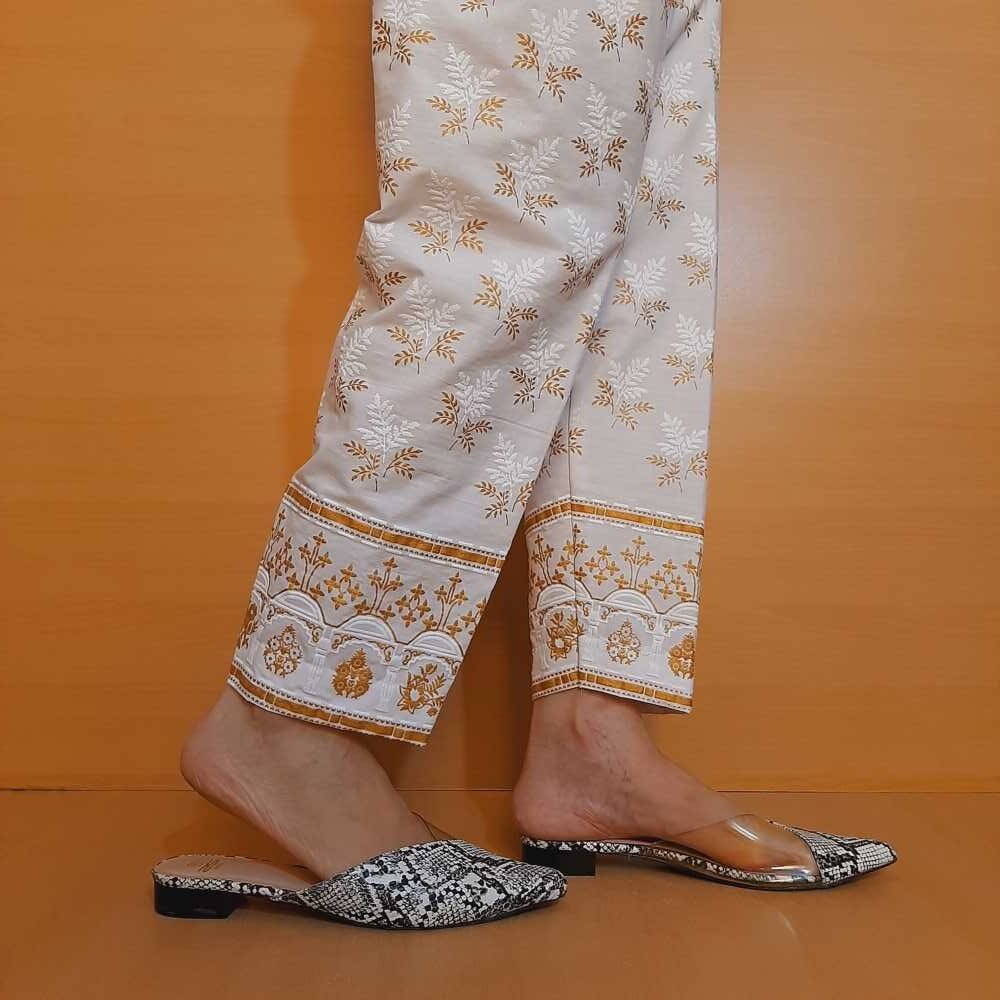 Embossed Trouser - White / Gold- Cotton