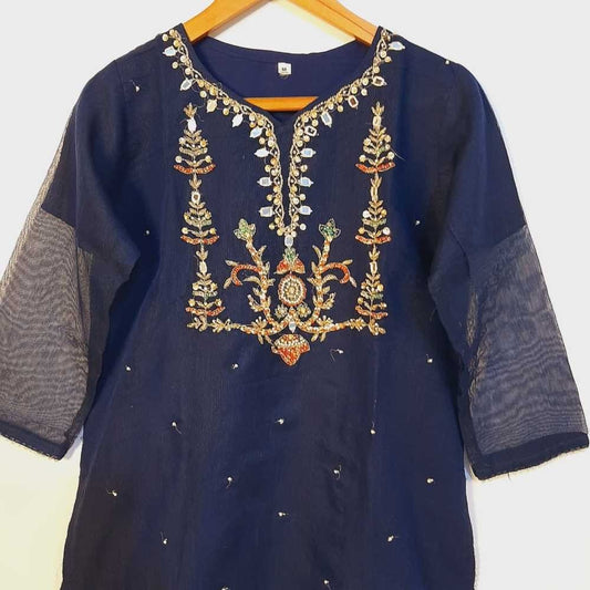 Embroided Khaadi Net Kurti - Navy - ZK125