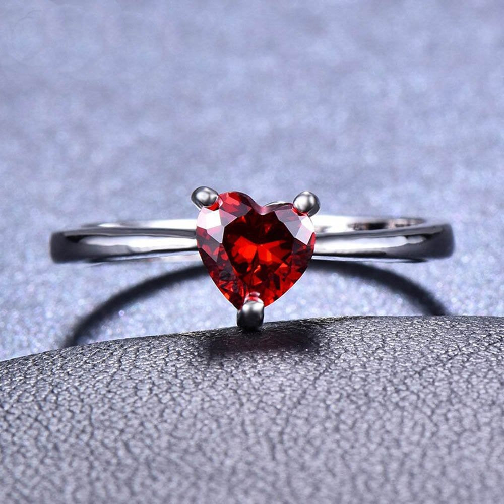 Heart AAA Zircon Ring With Red Stone With Box - Silver - AR194