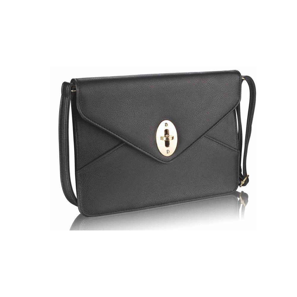 LSE00217 - Black Twist Lock Flapover Clutch Purse