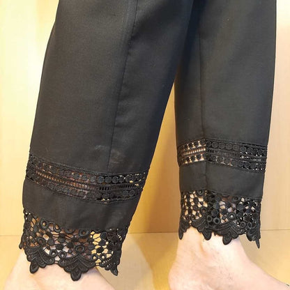 Laces Embellished Cotton Trouser - Black - ZT467