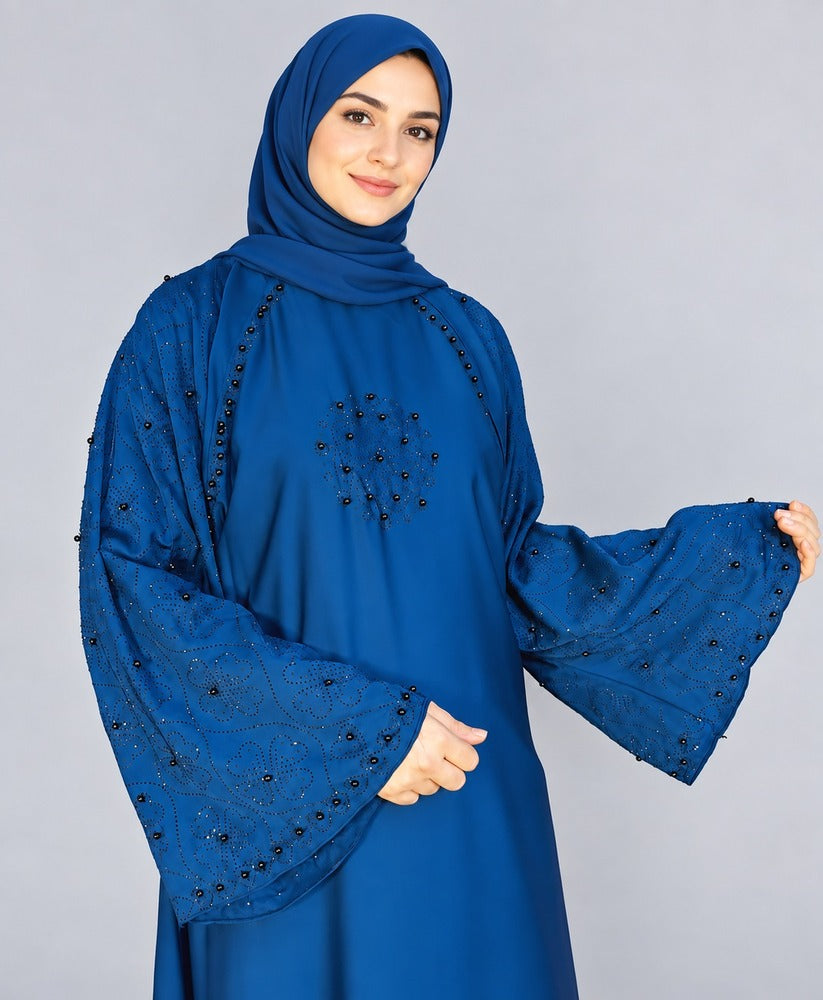 Beaded Nidah Fabric Abaya - Blue - BGA172