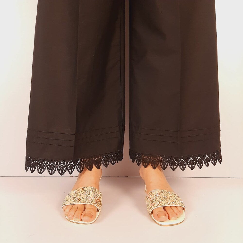 Pintuck Cotton Palazzo With Bottom Lace - Black - ZT411