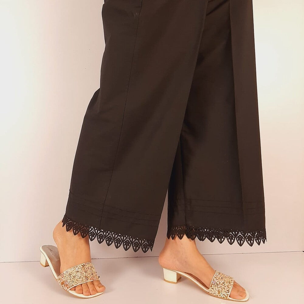 Pintuck Cotton Palazzo With Bottom Lace - Black - ZT411