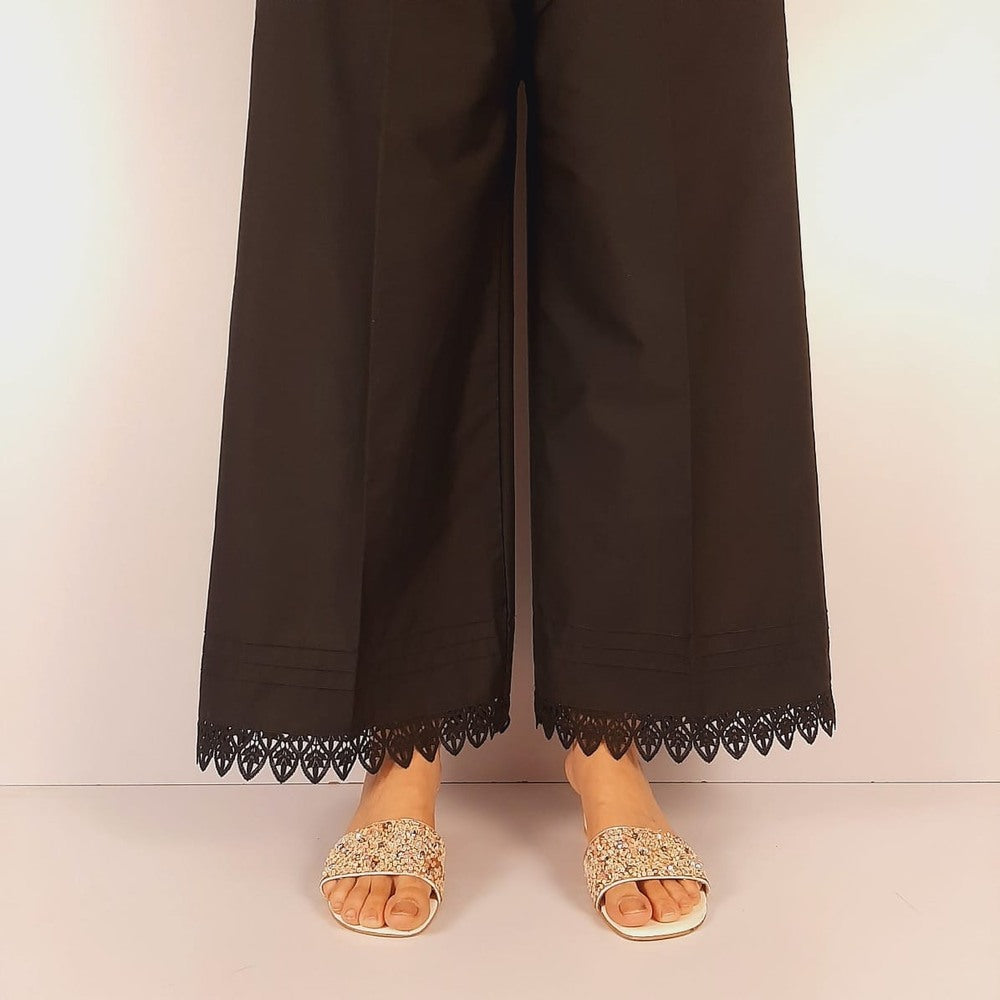 Pintuck Cotton Palazzo With Bottom Lace - Black - ZT411