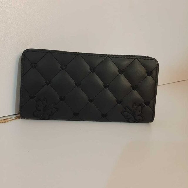 Butterfly Embroided Leather Wallet - Black - W06
