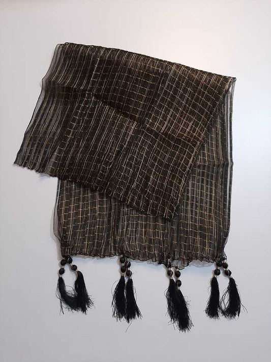 Check Dupatta - Organza With tassels - Large - Black - ZD531