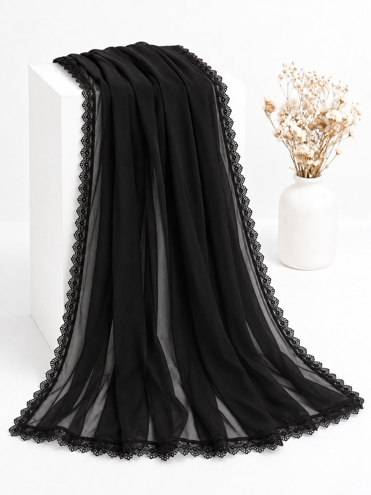 Chiffon dupatta With 4 Sided Lace - Black - ZD613