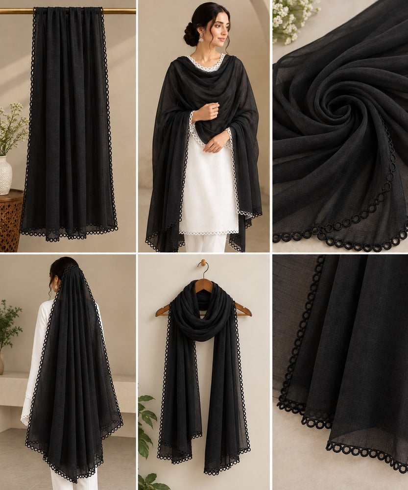 Qureshia Work Chiffon Dupatta – Black - ZD650