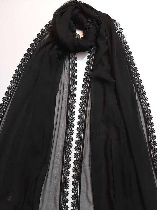 Chiffon dupatta With 4 Sided Lace - Black - ZD810