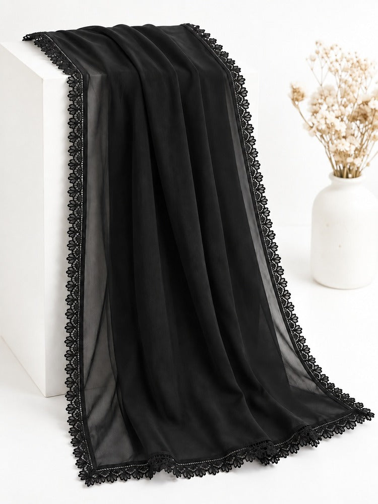 Chiffon dupatta With 4 Sided Lace - Black - ZD810