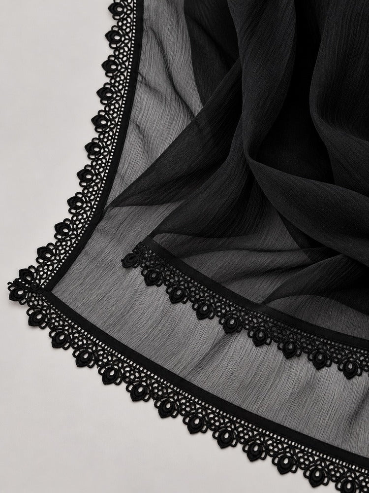 Chiffon dupatta With 4 Sided Lace - Black - ZD902