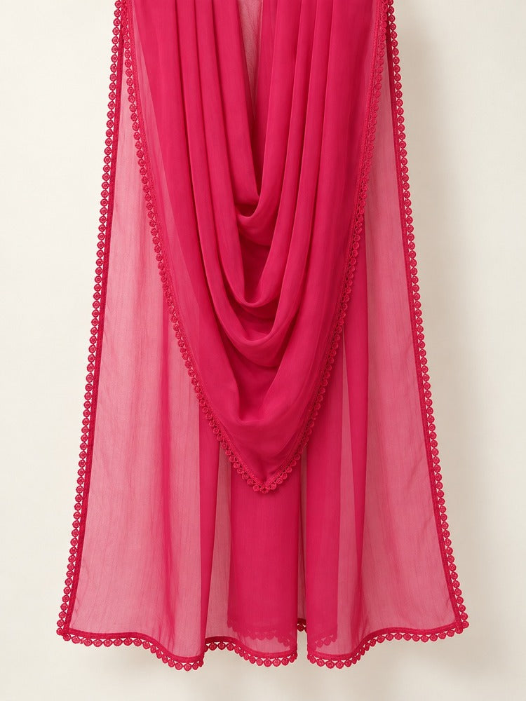 Chiffon dupatta With 4 Sided Lace - Fuchsia - ZD808