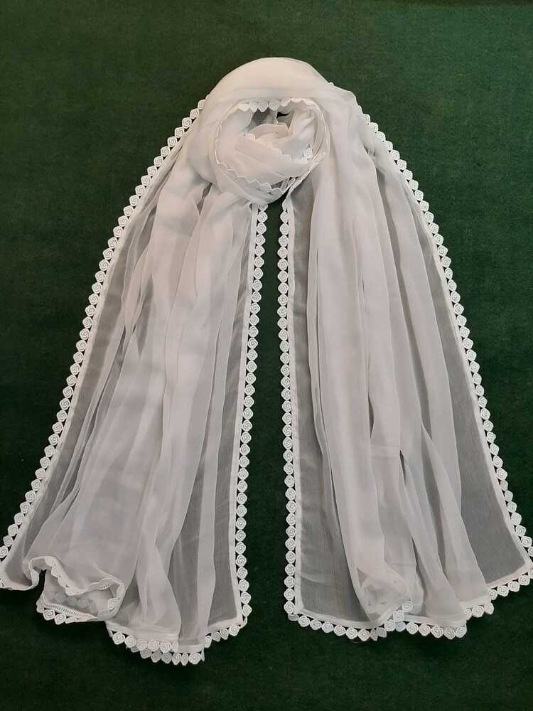 Chiffon Dupatta With 4 Sided Lace – White