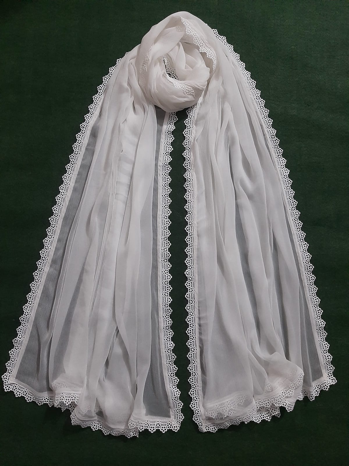 Chiffon Dupatta With 4 Sided Lace – White