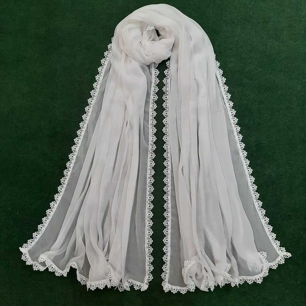 Chiffon Dupatta With 4 Sided Lace – White