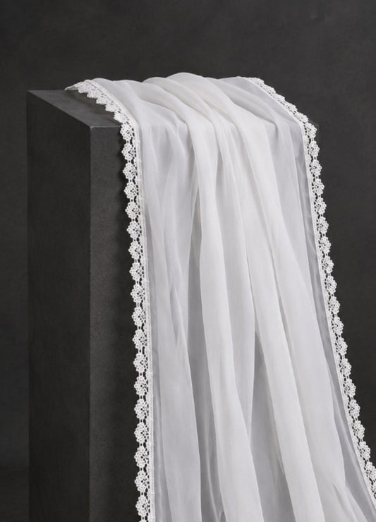 Chiffon Dupatta With 4 Sided Lace – White - ZD1259