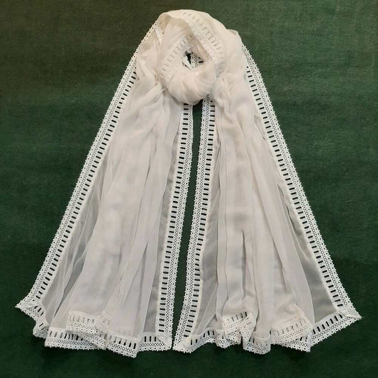Chiffon Dupatta With 4 Sided Lace – White