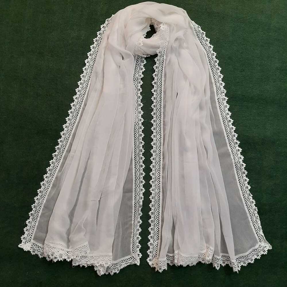 Chiffon Dupatta With 4 Sided Lace – White